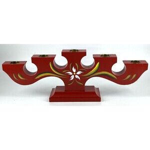 Vintage Made in Sweden Red Candelabra, 5 Hole Wooden Swedish Candlestick Holder